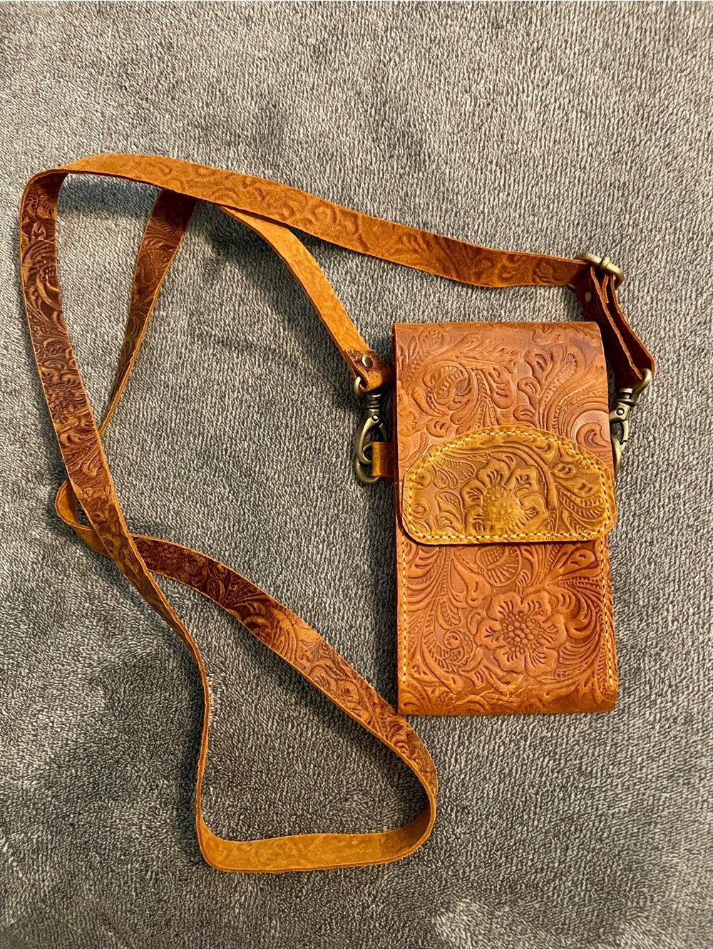 Hand-Tooled Brown Leather Crossbody Bag